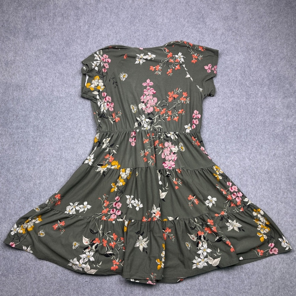 No Boundaries Mini Tiered Dress Womens Large Green Floral Short Sleeve - Picture 4 of 6